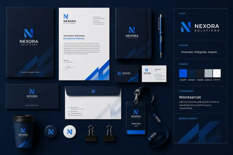 A collection of corporate branding materials including business cards, letterhead, and a notebook.