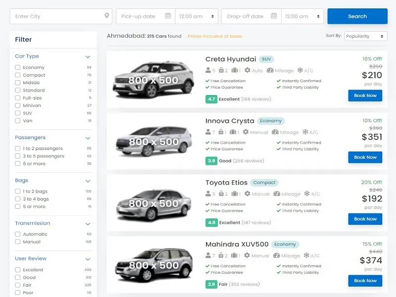 UI design for a car rental interface.
