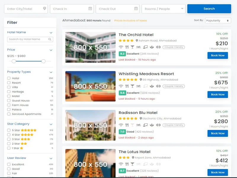 UI design for a hotel booking platform.
