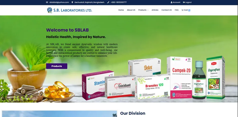 Screenshot of the SB Laboratories website homepage.